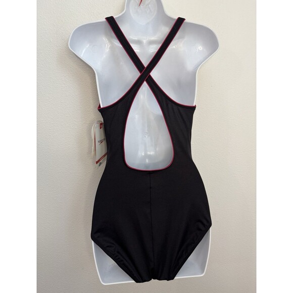 New Womens Speedo One Piece Swimsuit Conservative Cut Soft Cups Black Red 10 - Picture 3 of 9